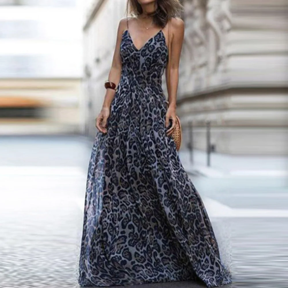 

New Sexy Party Leopard Print V-Neck Sleeveless Wrap Bodycon Dress Nightclub Women Strap Ruffle Long Dresses Sundress