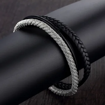 

Men's Fashion Ol Ornament Multi-Layer Simple Surrounding Leather Woven Bracelet Titanium Steel Magnet Stainless Steel
