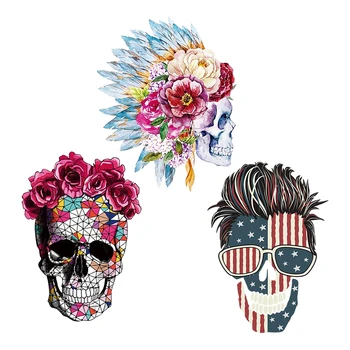 

Skull Head Stickers Set Iron On Transfer For T-Shirt Feather Rose Skull Head Patches Heat Transfer Parches Diy Washable Patch