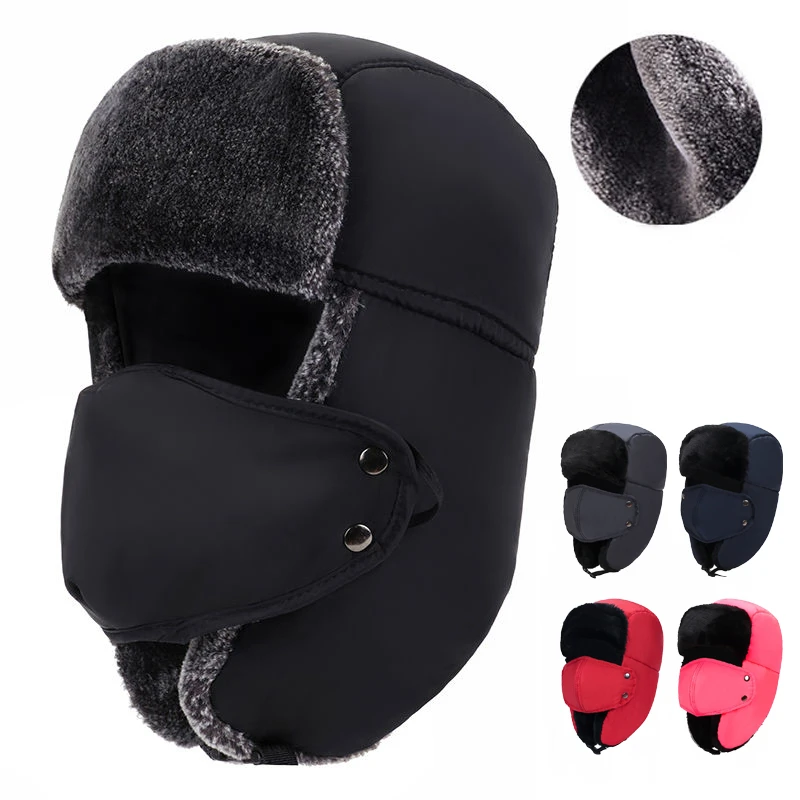 bomber trapper hat SWAK Unisex Snow Warm Men's Winter Hat Ears Protection Face Faux Fur Bomber Cap With Ear Flap Windproof Mask Cold Hunting Hats white camo bomber hat