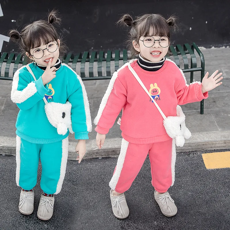 

2019 Autumn And Winter New Style Korean-style Childrenswear Girls Large Hoody plus Velvet Suit CHILDREN'S Rucksack Two-Piece Set