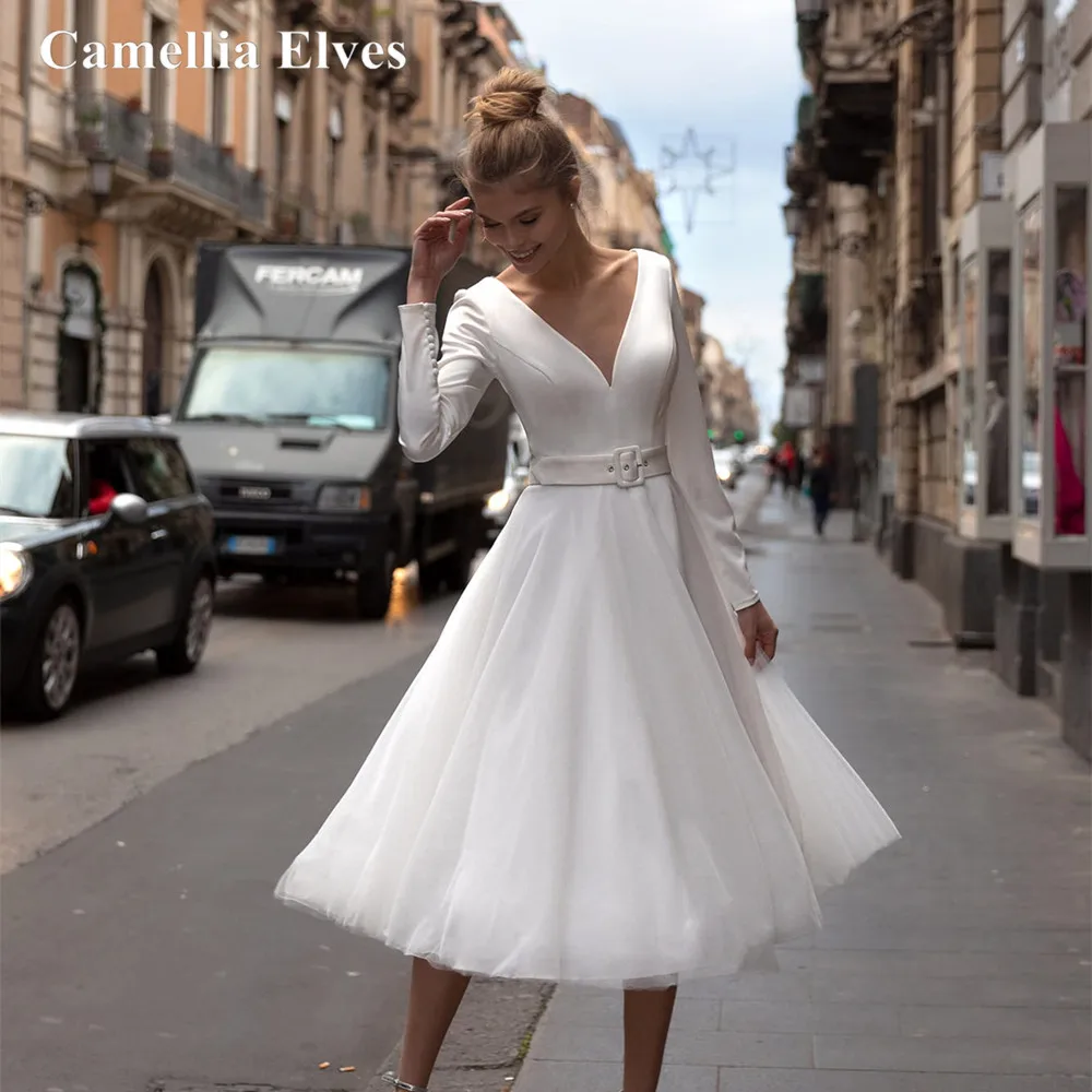 『Cheap!!!』- Chic Modern Satin Short Wedding Dress A Line Best Deep V
Neck Bride Dress Backless City Style Bridal Robe De Mariée