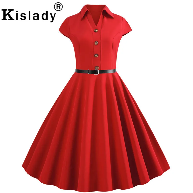50s 60s Summer Women's Turn-down Collar Vintage Dress Sashes Button Sexy Swing OL Retro Hepburn Midi Robe Femme | Женская одежда