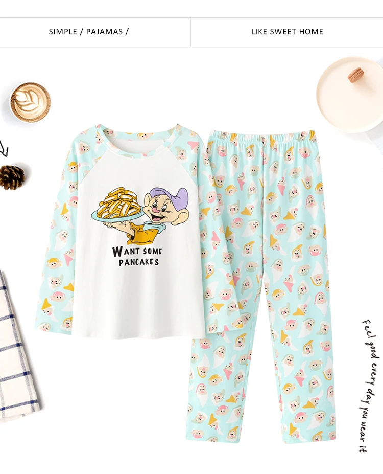 Disney Cartoon Snow White Dwarf Long Pajamas Set Lady Autumn Winter Cotton Long Sleeve Trousers Suit Printing Kawaii Pyjamas Set