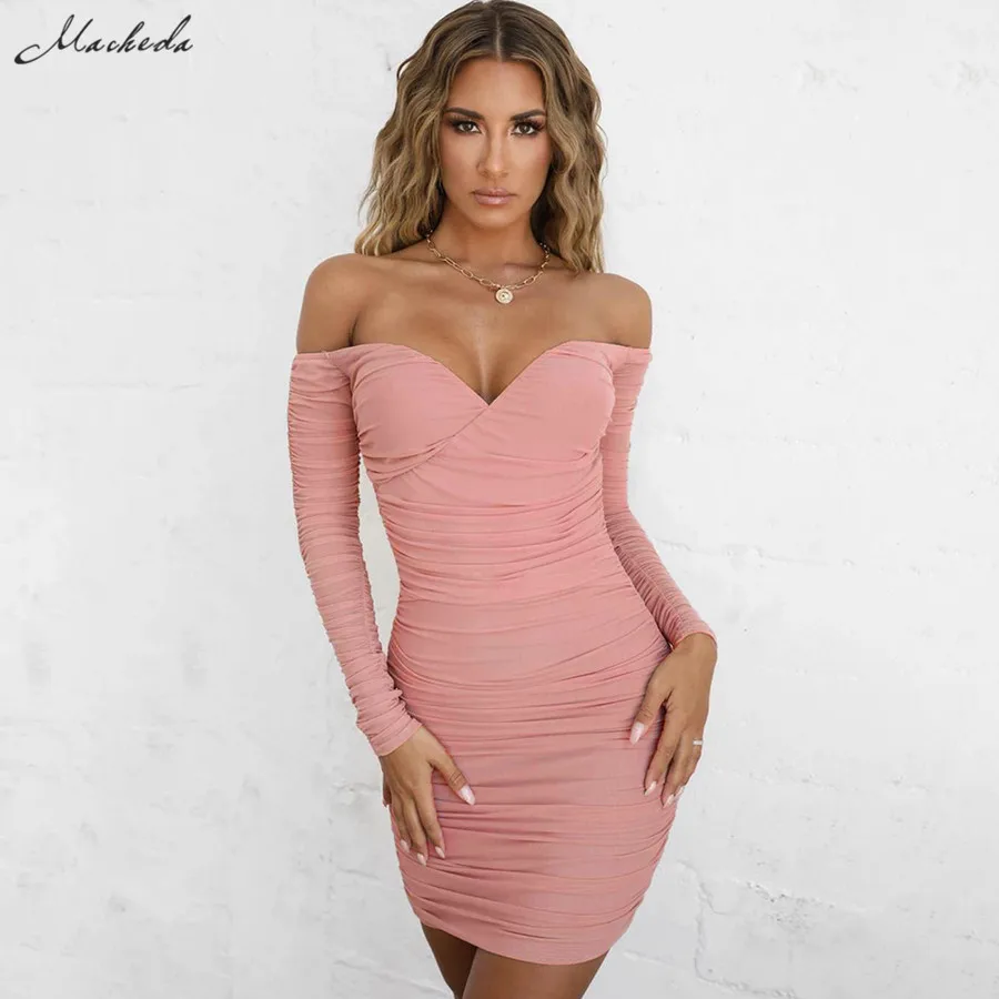 

Macheda Autumn Solid Sexy Mesh Off Shoulder Mini Dress Women Long Sleeve V Neck Dress Lady Casual Stretch Slim Clothing 2019