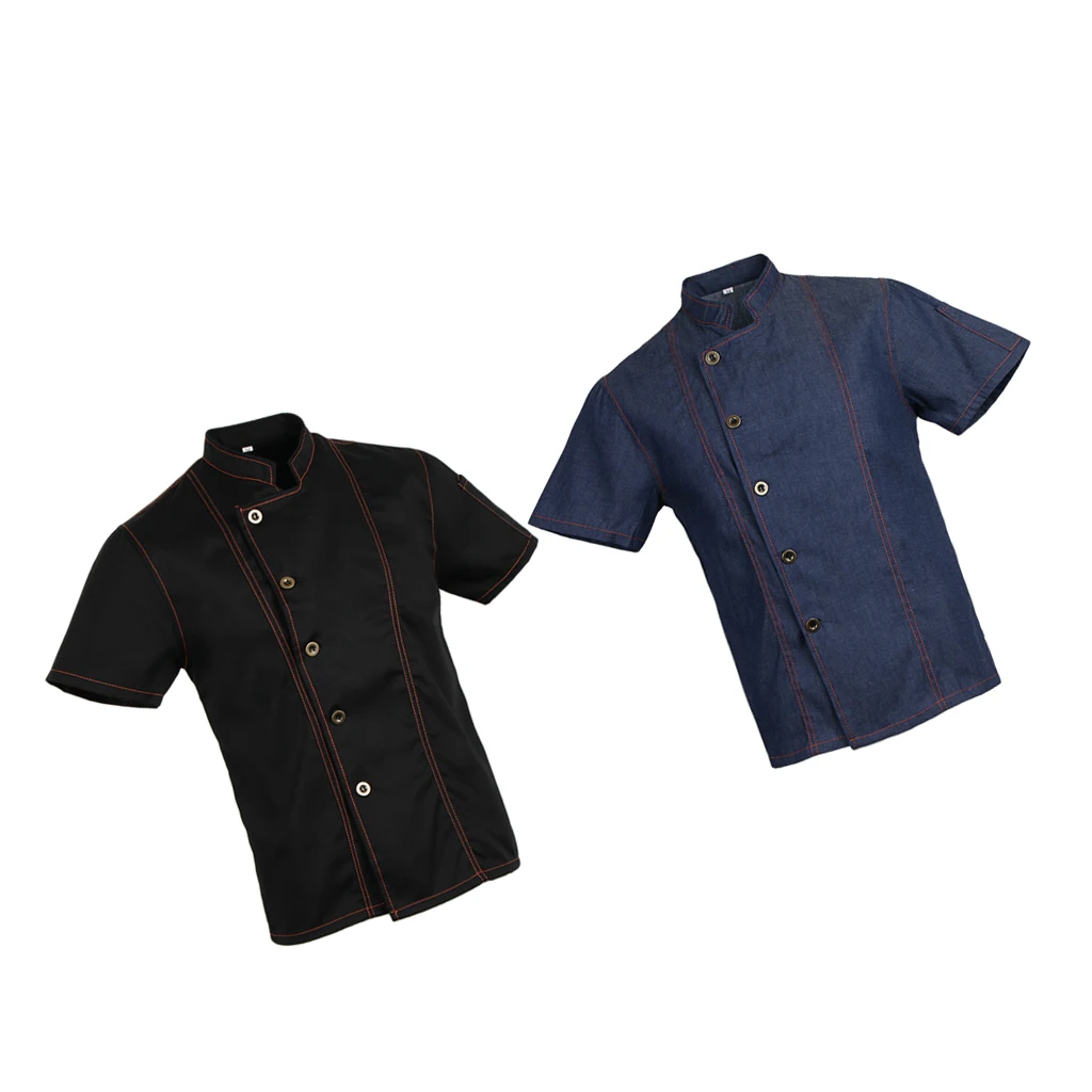 2pcs Unisex Denim Chef Jacket Coat Short Sleeves Shirts Food Service Kitchen Uniforms M