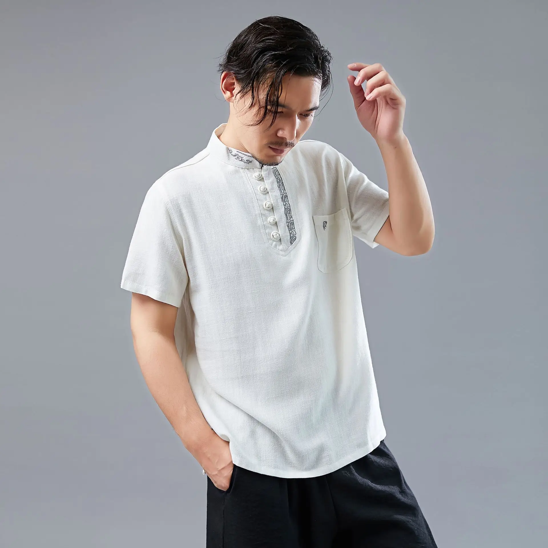 Мужские свитшоты льняная вышивка летняя Китайская традиционная футболка мужские Тай Чи повседневные штаны для пробежек футболка для тренировок спортивная одежда