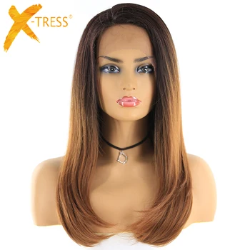 

X-TRESS Synthetic Lace Front Wigs With Baby Hair Heat Resistant Fiber Hairpieces Ombre Brown Color Straight Lace Wig Free Part