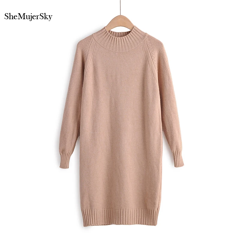 

SheMujerSky Khaki Long Sweater Women Knitted Long Sleeve O-neck Solid Color Pullovers Winter Autumn Female Jumper 2019