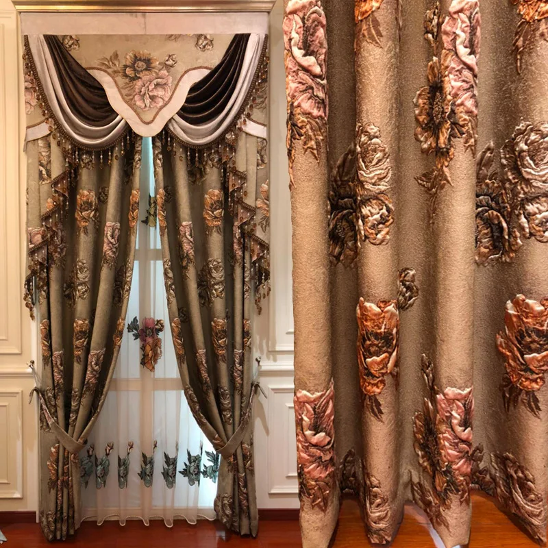 brown curtain Европейские высококачественные тисненые шторы с принтом для гостиной, роскошные элегантные шторы для спальни/кухни/отеля - Цвет: brown curtain