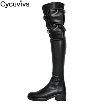 

Desginer Pocket Over The Knee High Boots Women Black Stretch Long Boots Runway Thigh High Riding Boots Chunky Heels Women Shoes