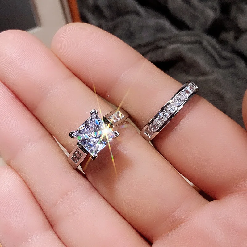 Ring Set Wedding Rings Wedding Ring Jewelry Accessories Fashion Wedding Ring Set for Women Dazzling Square Zirconia Luxury Lady Accessories Set