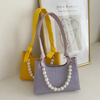 

Fashion Solid Color PU Leather Handbag Totes Portable Women Pearl Handle Elegant Casual Travel Underarm Shoulder Bags