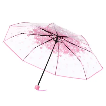 

High Quality Transparent Clear Flowers Tri-Fold Umbrella Cherry Blossom Mushroom Apollo Sakura 3 Fold Umbrella Ombrello #LR4