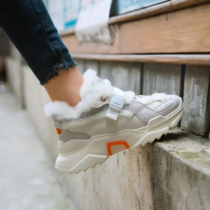 Buono Scarpe/теплые зимние меховые кроссовки; женская повседневная обувь из натуральной кожи; высококачественные зимние кроссовки; женская спортивная обувь - Цвет: ivory white