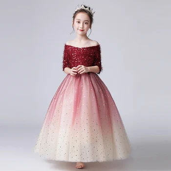 

2019 Children Kid's Baby Princess Dress Sequined Girls Formal Party Birthday Wedding Ball Gown Piano Show Dresses Vestidos S9965