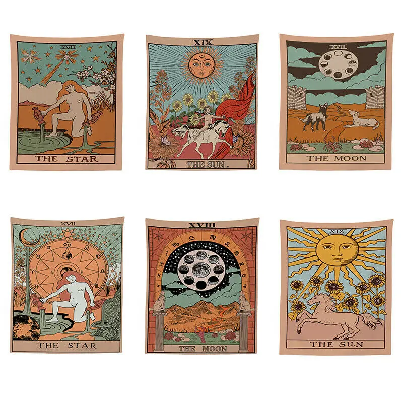 Mandala Tarot Card Pattern Blanket Tapestry Wall Hanging Tapestries Bedroom Bedspread Throw Cover Sun Moon Wall