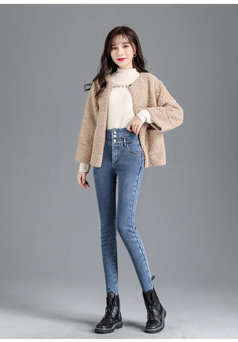 versace jeans couture High-quality Winter Thick Fleece High-waist Warm Skinny Jeans Thick Women Stretch Button Pencil Pants Mom Casual Velvet Jeans armani jeans