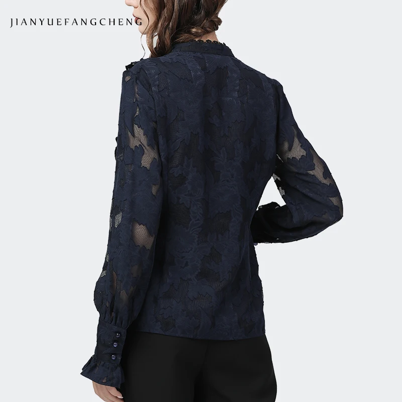 Flared Sleeve Lace Tops Women Autumn New Fashion Long Sleeved Ruffles Mesh Shirts Loose Plus Size Female Causal Office Blouses 3