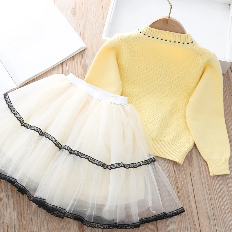 baby clothing set line Baby Girl Clothes Knitted Sweater Set Fall/Winter Girl Sweater College Style Girls Knitwear + Mesh Short Skirt 2-piece Set baby outfit matching set