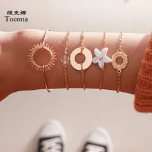 Tocona богемные Золотой Браслеты для Для женщин 5 шт./компл. красивые цветы полые круглые металлические цепи ювелирные изделия аксессуары 8861