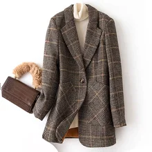 2021 outono inverno das mulheres do vintage xadrez terno casaco de lã jaqueta topos senhoras fino casual grosso quente blazers único breasted casaco