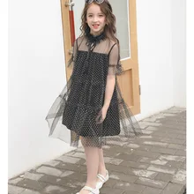 Вечерние платья принцессы в сеточку для девочек 8, 10, 12 лет, черное шифоновое платье в горошек, летняя одежда для девочек-подростков