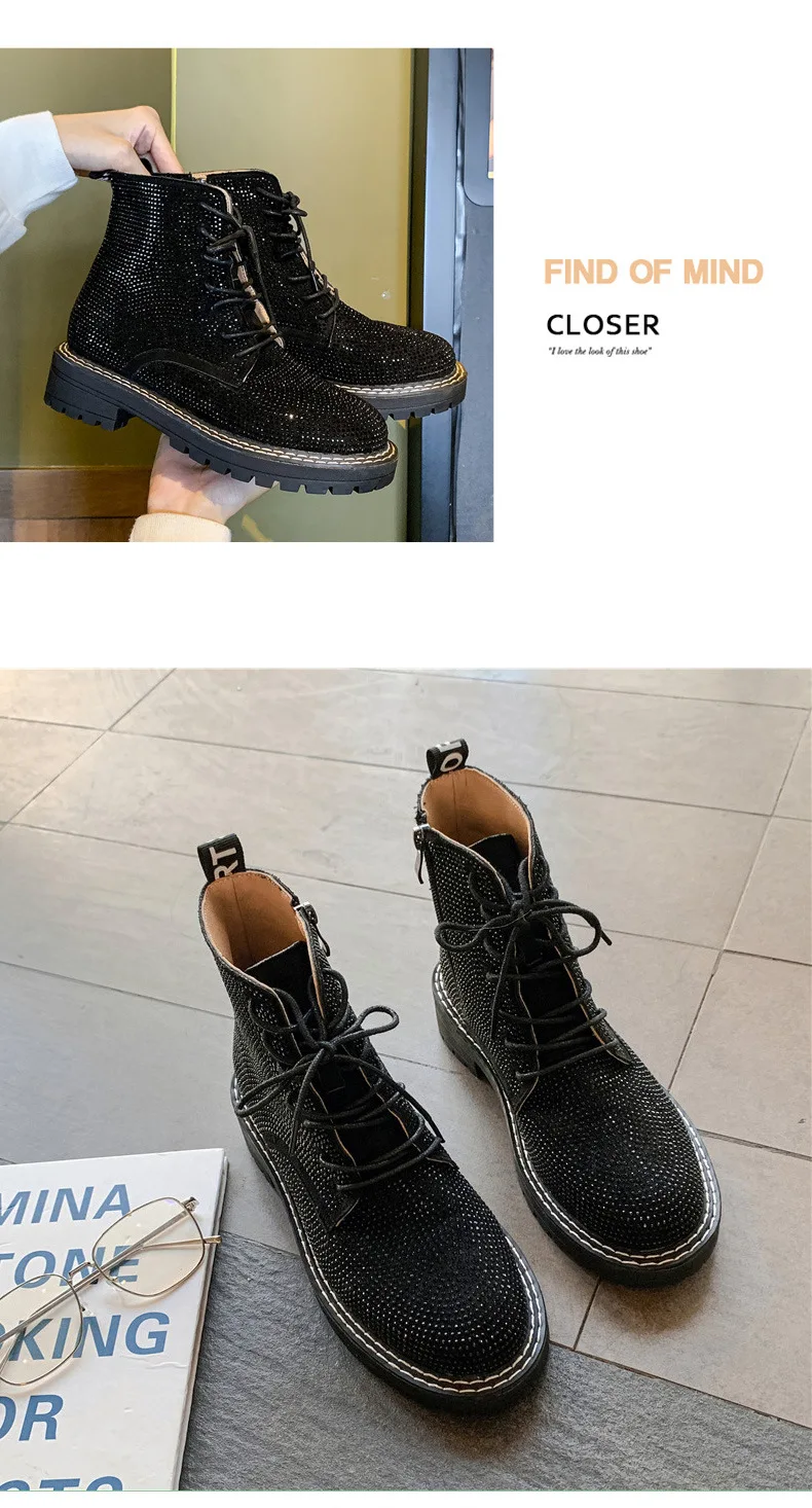 Женские ботильоны Martin с кристаллами; Новинка; дизайнерские зимние женские ботинки на платформе в байкерском стиле; блестящие ботинки на шнуровке