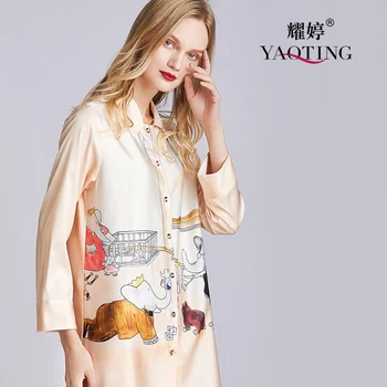 

YAO TING New Women nightwear Button Ladies sleepwear summer dress night Shirts High Quality Soft Satin Silk camisola Size M L XL