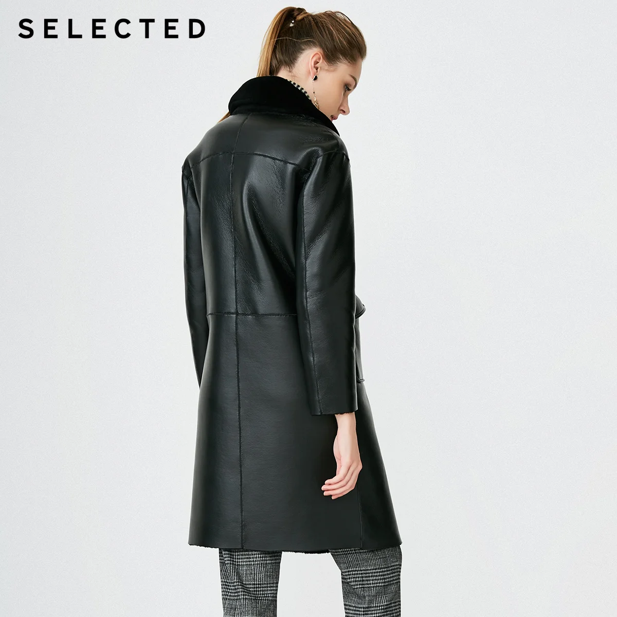 Женское пальто из шерсти средней длины с двусторонним отворотом из искусственной кожи S | 4184P3505