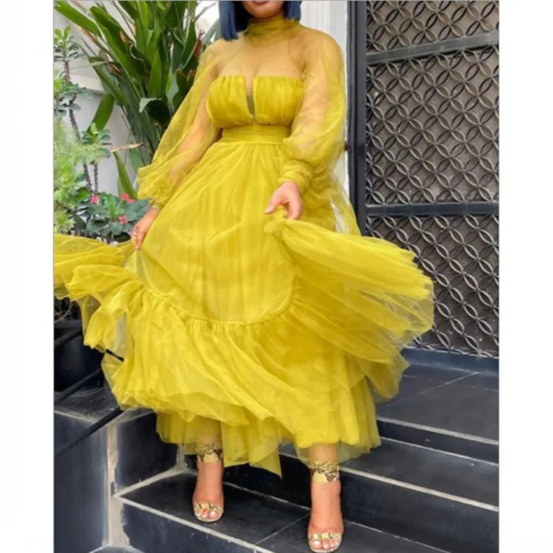Шикарное Сетчатое осеннее модное желтое платье с открытой спиной женская одежда