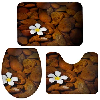 

Flower Pebble Frangipani Nature Stone Bath Set Toilet Cover Mat Pedestal Rug Non-Slip Bathroom Rug Set