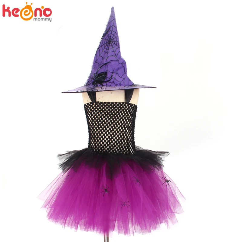 

Spider Girls Witch Tutu Dress with Hat Black Purple Children Halloween Carnival Cosplay Witch Costume Kids Party Fancy Dresses