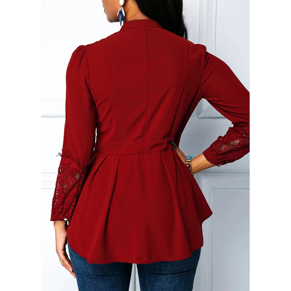 Sexy Hollow Out Lace Blouse And Shirt Women Casual Plus Size Long Sleeve Sashes Office Blousas Mujer De Moda Vintage Slim Tops - Image 2