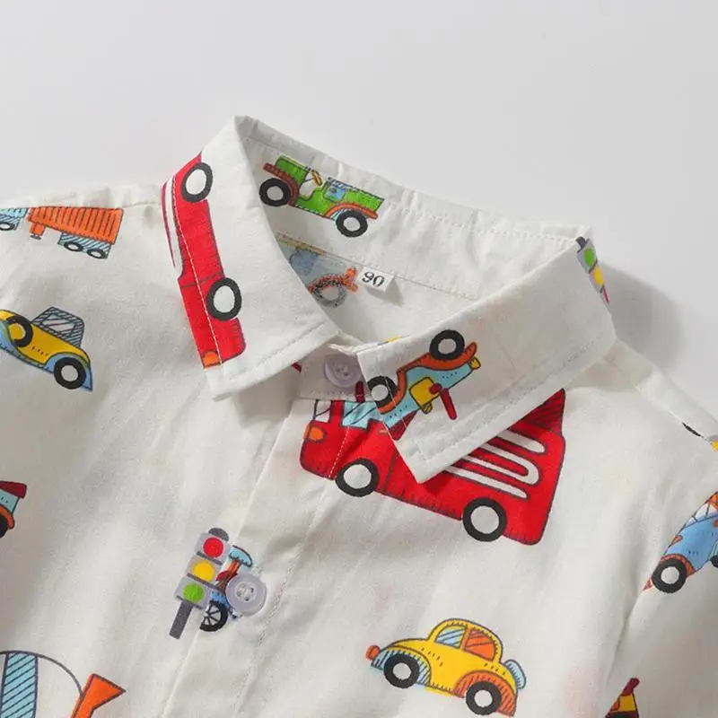 Модная Осенняя рубашка в британском стиле с длинными рукавами для маленьких мальчиков; удобная хлопковая рубашка с откидным воротником и принтом автомобиля