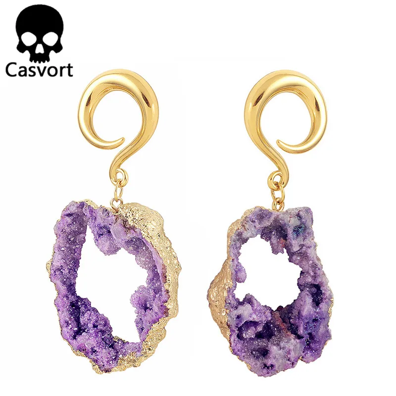 Casvort 2 шт. нерегулярный натуральный камень туннель для ушей из нержавеющей стали с