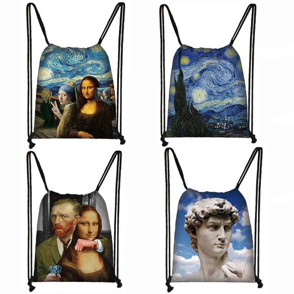 Забавный Давид/Мона Лиза/Звездная ночь сумка на шнурке Ван Гог Michelangelo да Винчи художественная Женская модная сумка для хранения