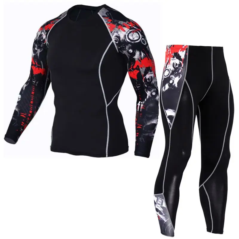 Red gray Мужская спортивная компрессионная футболка для бега, брюки, костюмы для бега, спортивный костюм, комплекты для мужчин, для спортзала, фитнеса, тренировок, спортивная одежда, футболки, топы, леггинсы - Цвет: Red gray
