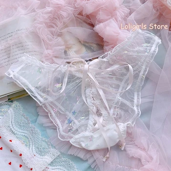 

Japanese Sweet Sexy Ultra-thin Transparent Briefs Girls Laser Star Cross Ribbon Hollow Out Bell Lace Nets Yarn Panties Cosplay