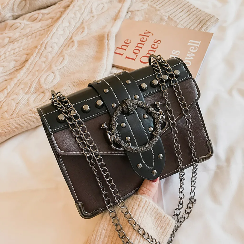 Европейская мода, женская квадратная сумка, качество, из искусственной кожи, женская дизайнерская сумка, с заклепками, с замком, на цепочке, сумка через плечо,#50
