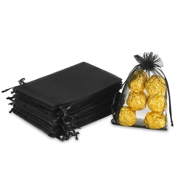 

100PCS 4X6 Inch (10X15 cm) Transparent Drawstring Gift Bag, Black Organza Wedding Party Christmas Holiday Gift Bag
