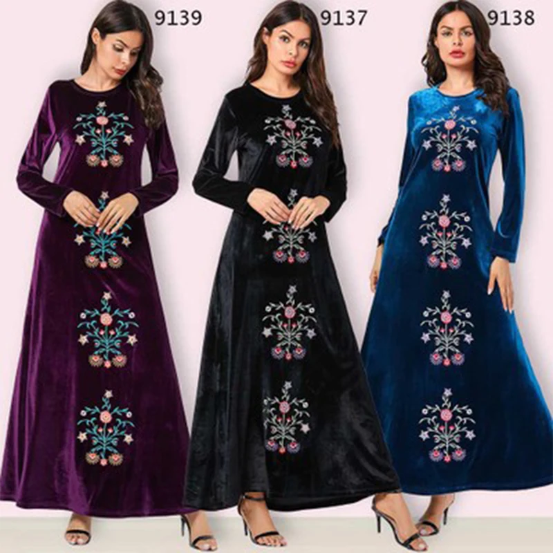 Мусульманские женщины Дубай бархат abaya арабское платье кафтан синий теплый