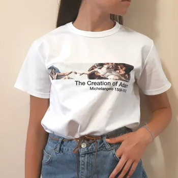 

The Creation of Adam Michelangelo Vintage Tshirt Plus Size Tumblr Tees Funny Print Short Sleeve Hipster Outdoor Tshirt Men Women