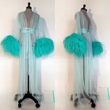 Turquoise Robe De Mariée Sexy Women Bathrobe Feather Sleepwear Nightgown Long Sleeve Long Robe Spa Bridal Boudoir Robe