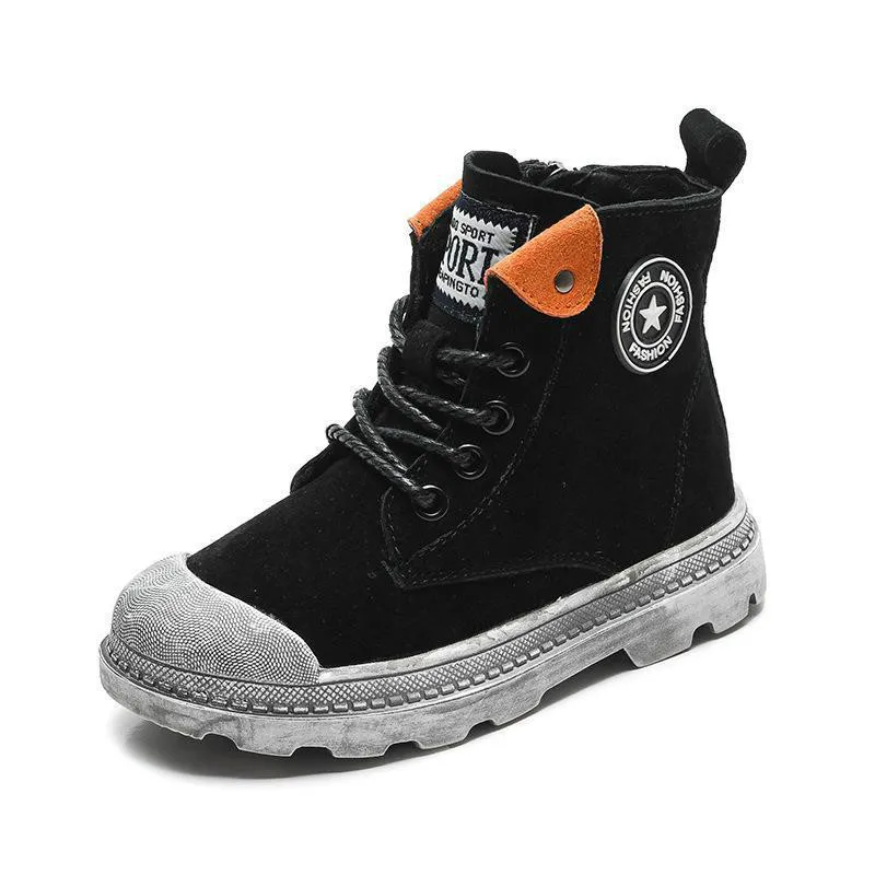 

Kids Boots Winter Girls Boys Student Martin Boots Retro Genuine Leather Fashion Plush Warm Waterproof Riding Children Snow Boots