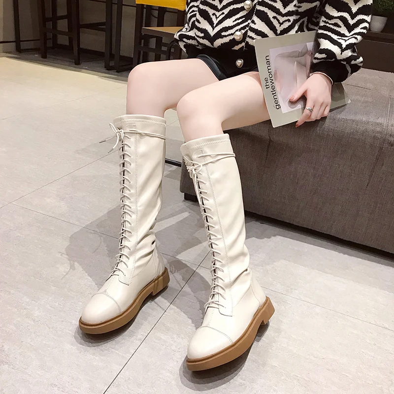 

Women Pu Leather Knee High Boots 3 Cm Low Heel Long Boots Ladies Winter Keep Warm Women Shoes Sweet Cross Tied Black Beige