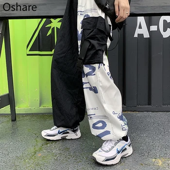 

New Belt Ribbon Pocket Contrast Patchwork Block Graffiti Print Loose Cargo Jogger Pant Harajuku Streetwear Korean Hiphop Punk