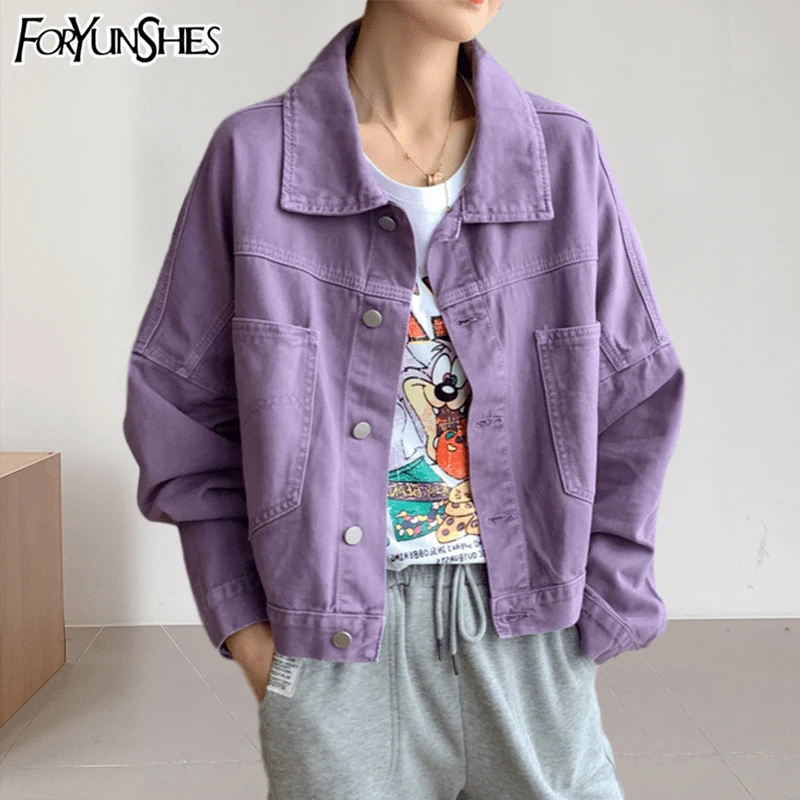 

Solid Turn-down Collar Jean Jacket for Women Loose Casual Purple Fashion Coats Korean Style Female Denim Short Top Feminine