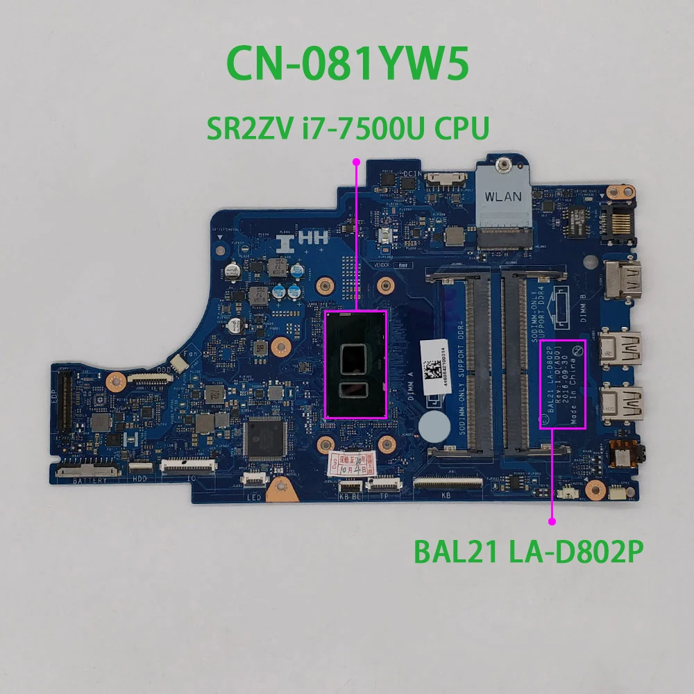 

CN-081YW5 081YW5 81YW5 w I7-7500U CPU BAL21 LA-D802P для Dell Inspiron 15 5567 ноутбук ПК материнская плата