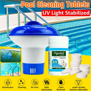 

100g Swimming Pool Cleaning Tablets w Dispencer Purify Water Disinfect Chlorine Pills Foaming Cleaners Instant Effervescent